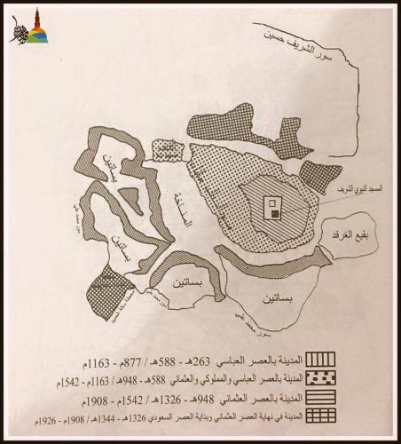 خريطة توضح تمدد المدينة عبر العصور،